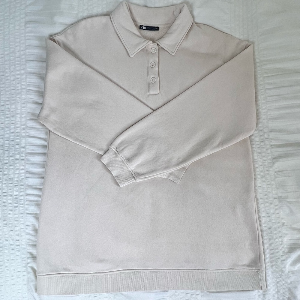 ZARA Quarter Button Up Polo Fleece Sweater Cream Size: Large